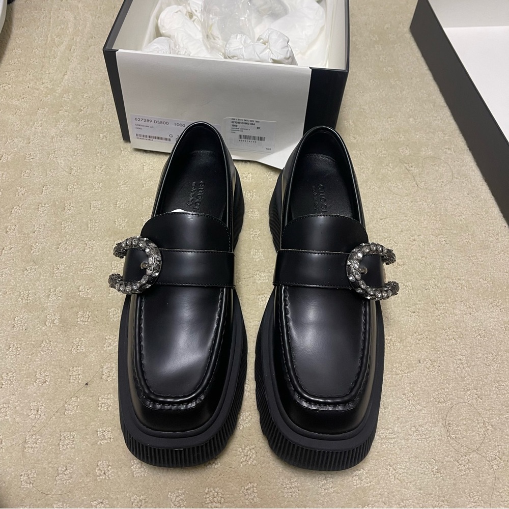 GUCCI Black Dionysus Cordovan Lux Tiger Head Loafers Leather moccasin 38